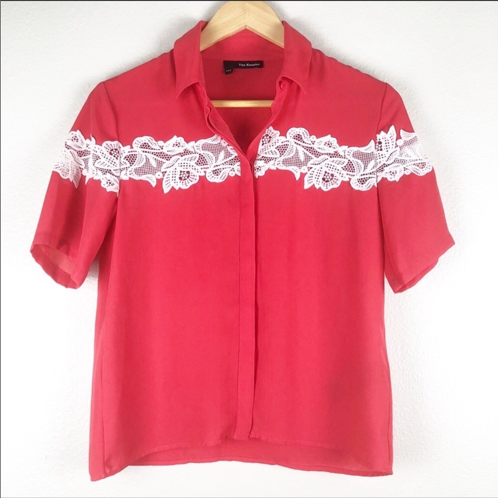 The kooples red button blouse with lace floral